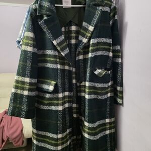 LC Lauren Conrad Green and White Plaid Pea Coat
